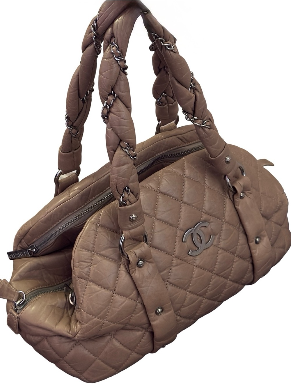 CHANEL Quilted Leather Shoulder Bag in Taupe